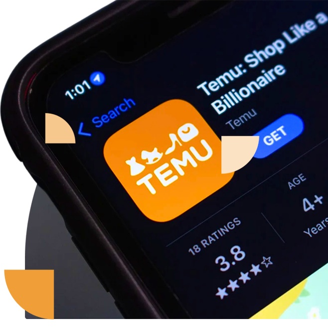 Afbeelding van de Temu-app in de App Store, gericht op de privacyrisico's van apps die persoonlijke gegevens verzamelen zonder transparantie.