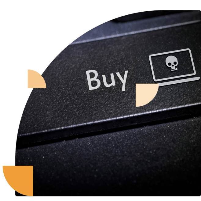 Afbeelding van een toetsenbordknop met een computersymbool, een schedel en de tekst 'Buy', die de dreiging van Ransomware-as-a-Service visualiseert