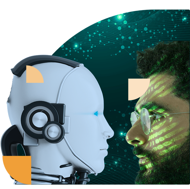 Close-up van een geavanceerde robot en een mens die elkaar aankijken, wat de balans tussen AI en mens benadrukt.