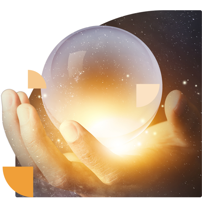 Hand holding a glowing crystal ball, symbolizing future insights and predictions, set against a starry background.