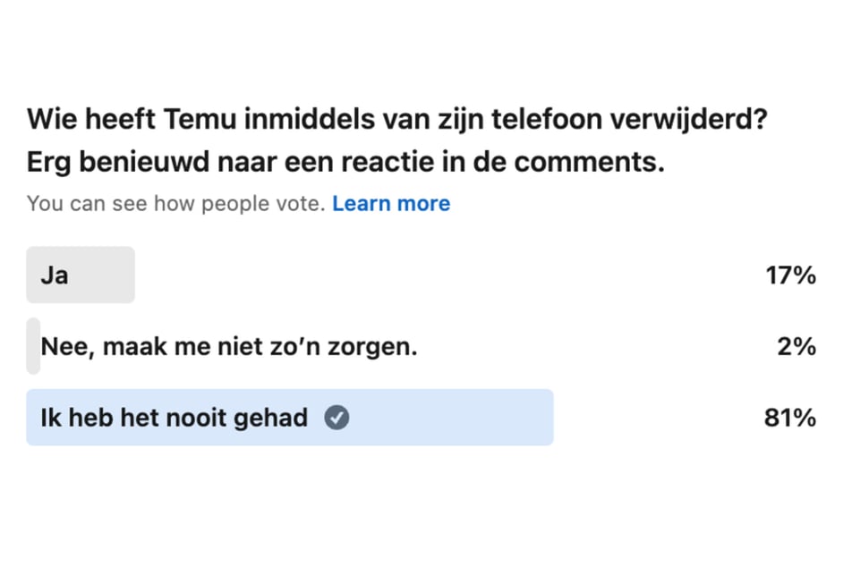 LinkedIn-Pollresultaten over Temu-gebruik tonen dat 17% de app heeft verwijderd, 81 % de app nooit heeft gebruikt en 2% zich geen zorgen maakt over het gebruik ervan.