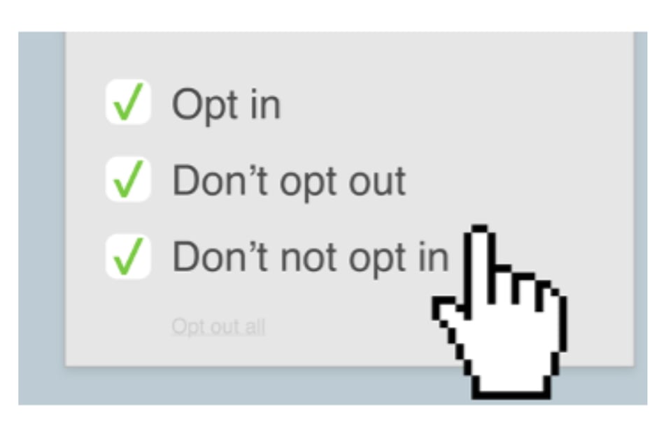 Onduidelijke opt-in opties op een website tonen het gebruik van dark patterns en manipulatieve keuzes.