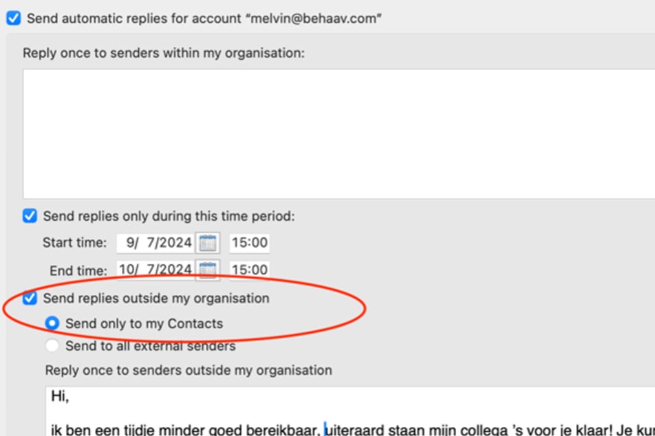 E-mail configuratiescherm toont out-of-office mail instellingen, met focus op het beperken van antwoorden tot alleen bekende contacten.