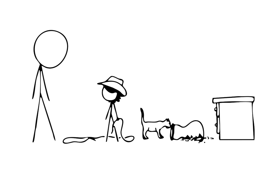Een stickfigure-tekening in XKCD-stijl van een kind die een lasso vastheeft. Het kind heeft een vaas met bloemen omgestoten terwijl een ouder persoon toekijkt.