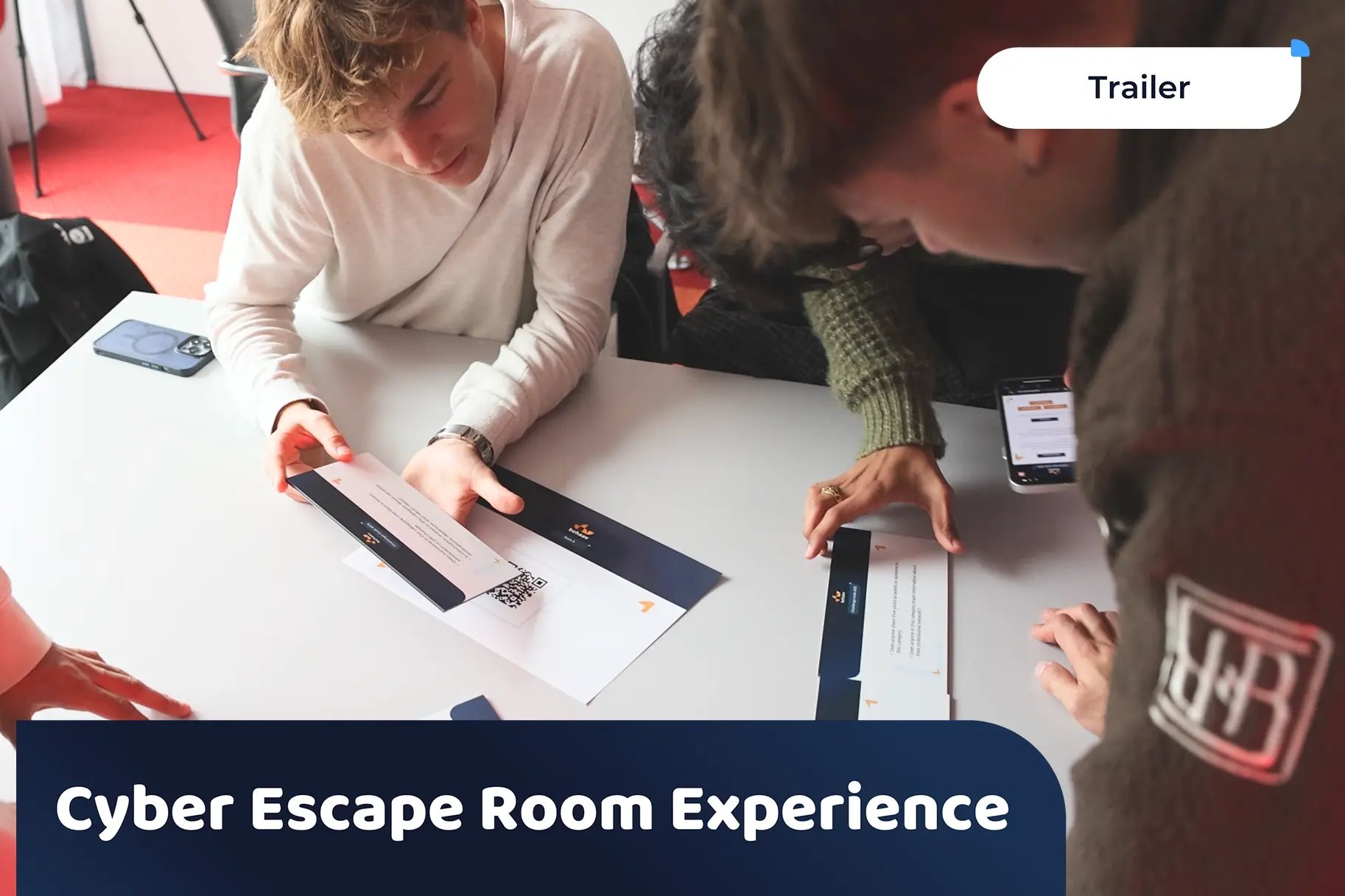Video thumbnail of three people participating in Behaav's cybers escape room experience.