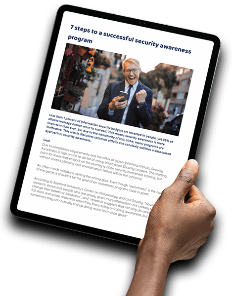 Tablet containing the first page of a whitepaper titled “In 7 steps to a successful security awareness program” by Behaav.