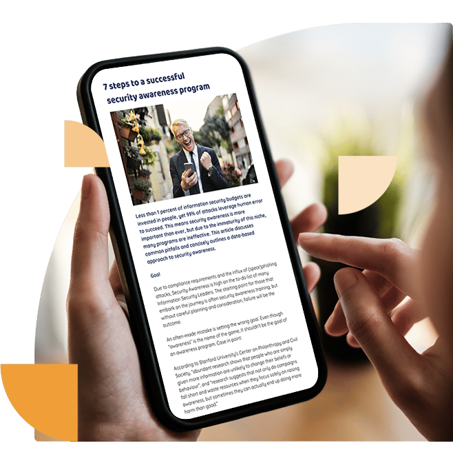 Person holding an iPhone and reading the first page of a whitepaper called “7 steps to a successful security awareness program”